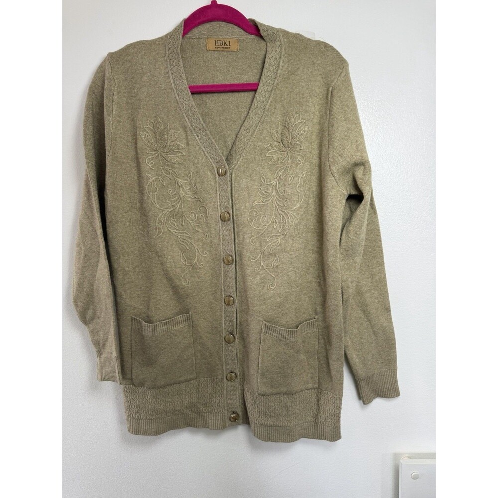 Oatmeal Heathered knit Cardigan Boho Sweater Grandma Bottoms Front Pockets L - Picture 3 of 14